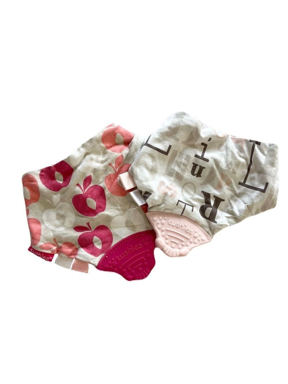 🩵4/$20 Kushies Chewbibs Pink Apples and Gray Letter Baby Bandana Bibs (2)